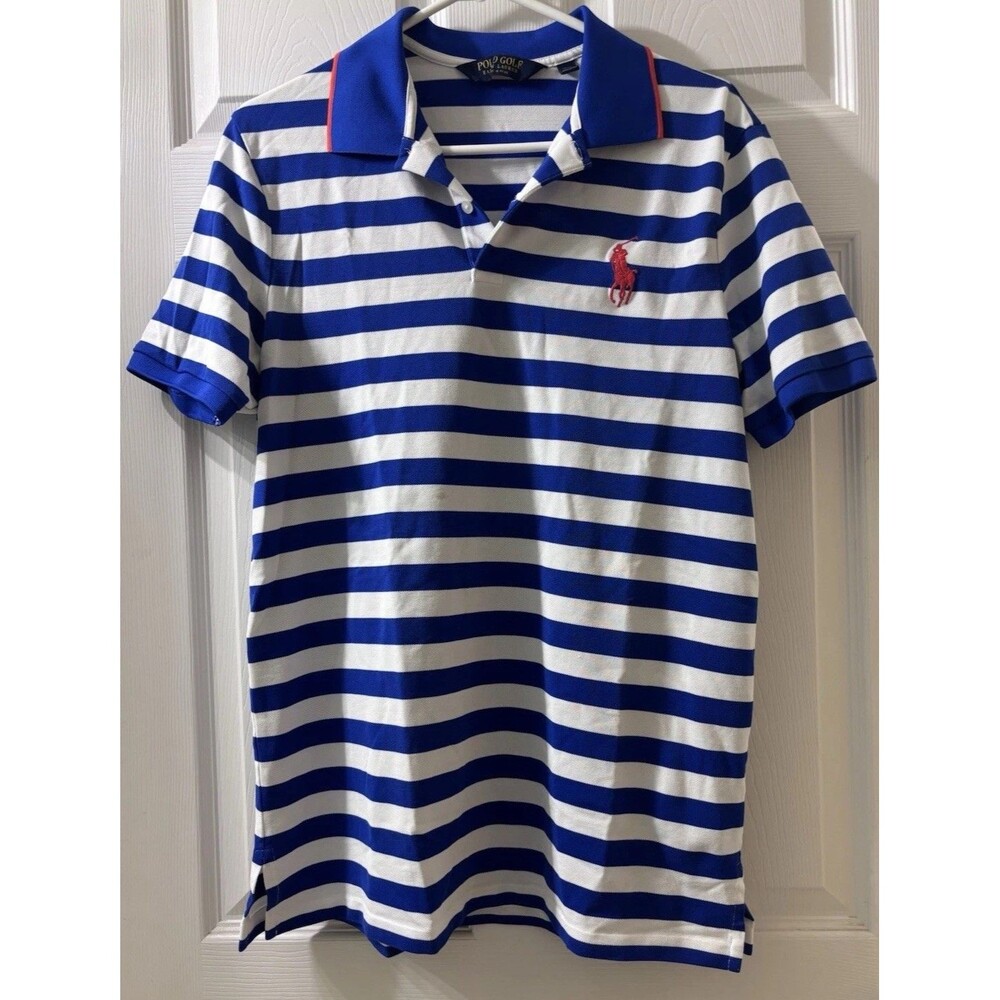 Men’s Ralph Lauren Blue/White/Red Stripe Polo Golf, Size Large With Small Stain